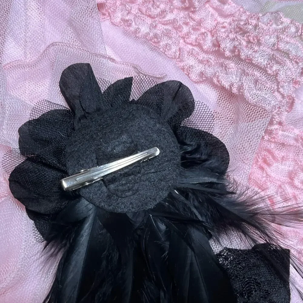 Kate Mack costume ruffled dress with black lace leggings & feather headpiece
